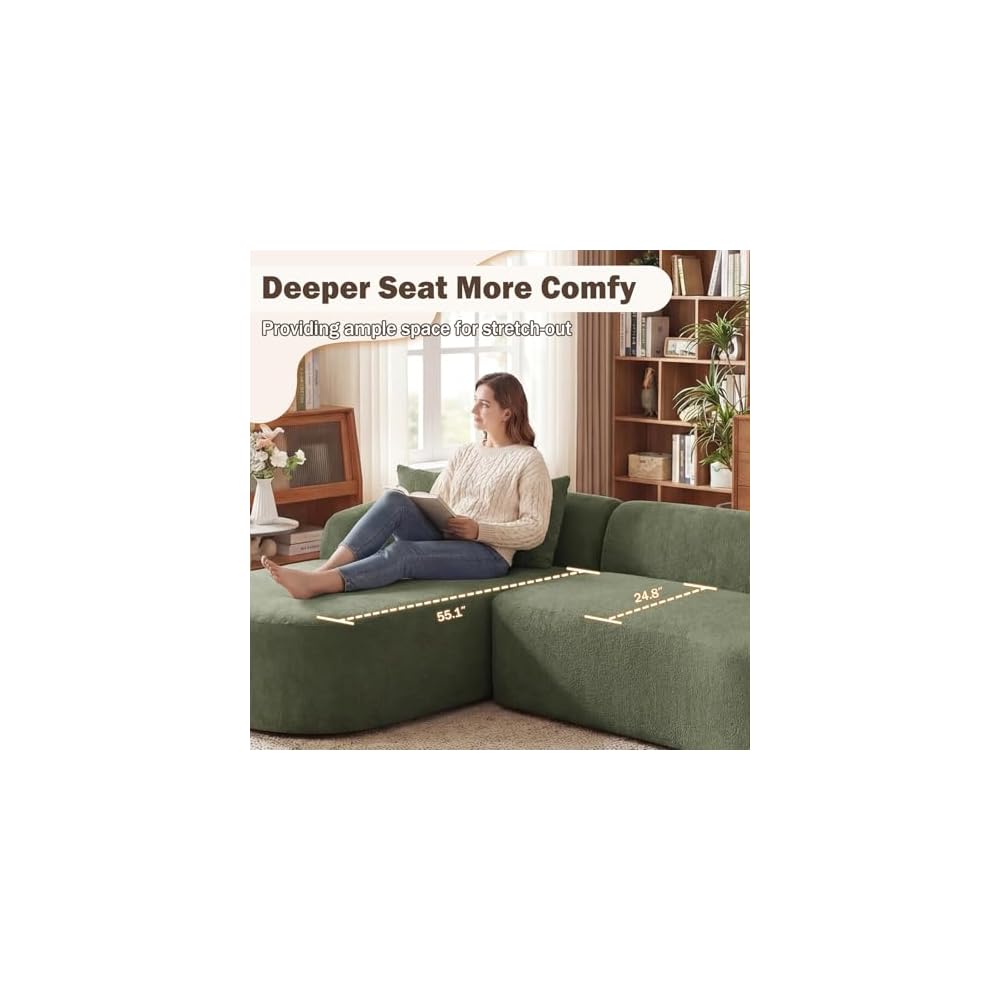 Modular Sectional Sofa, 101'' Boneless Couch with Chaise, Compressed No Assembly Oversized Deep Seat Sofa, Convertible L Shaped Couch with Pillows for Living Room (Green, Left Facing Chaise)