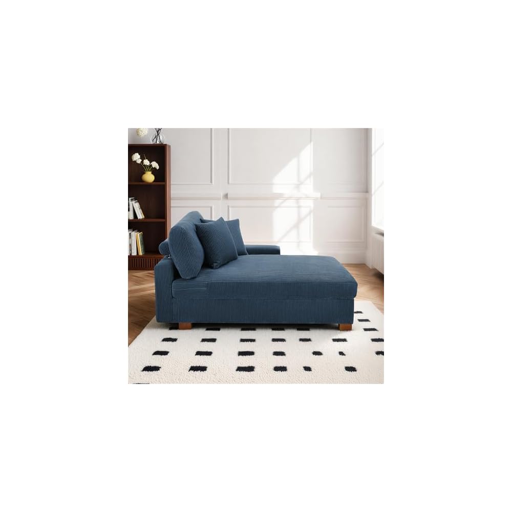 Chaise Lounge Chair Indoor, Oversized Upholstered Sofa Bed for Living Room, Corduroy Sleeper Couch Comfy Recliner Bedroom Reading Seat - Navy Blue, Left Armrest