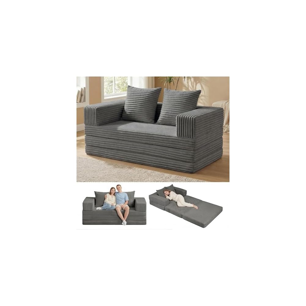 Convertible Sofa Bed, 4-in-1 Boneless Loveseat with Removable Armrests Backrest, Corduroy Futon Couch Bed with Pillow, Foldable Mattress Sleeper Sofa for Living Room Bedroom Small Place (Grey)