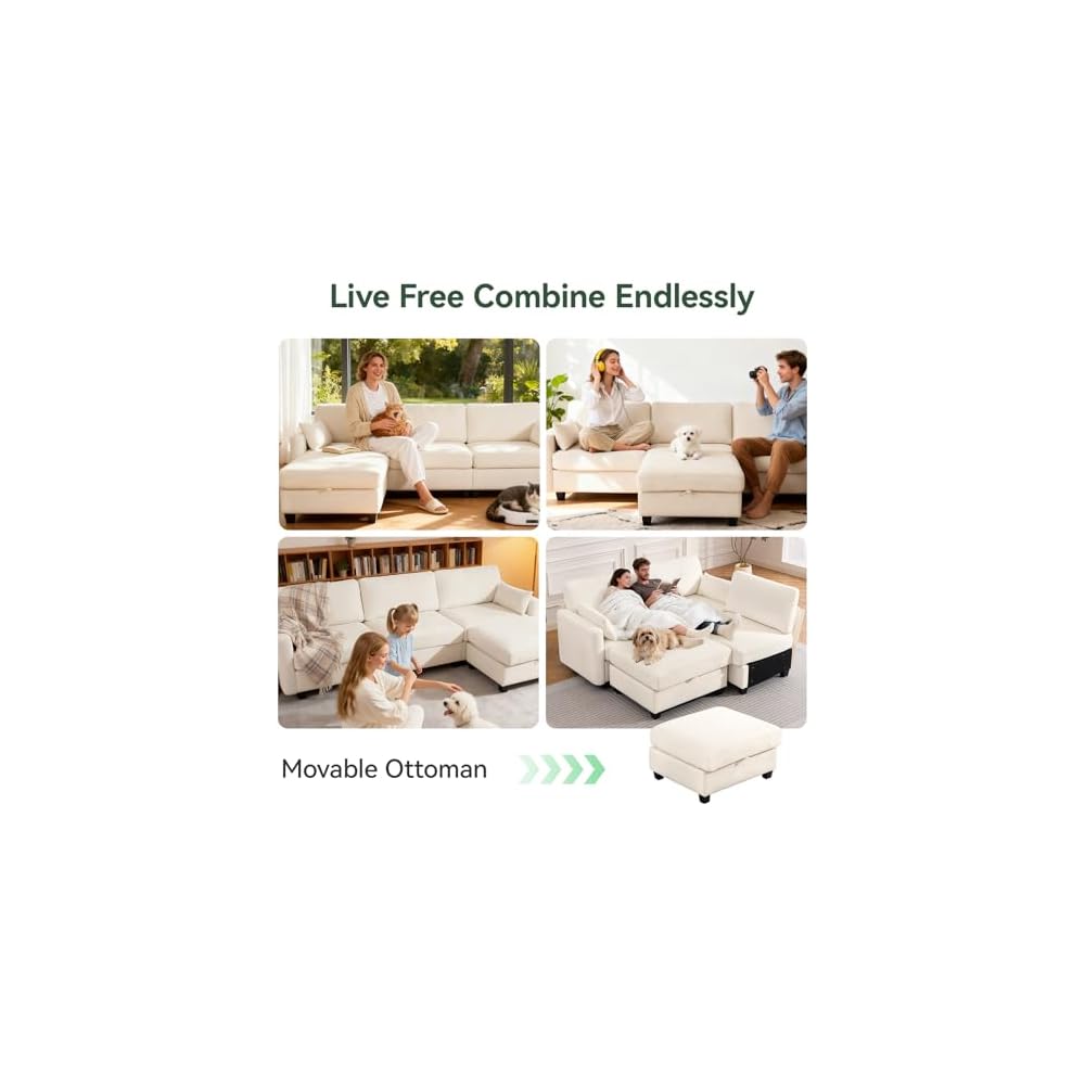 109 Inch Modular Sectional Sofa, L Shaped Couch with Storage Ottoman, Beige