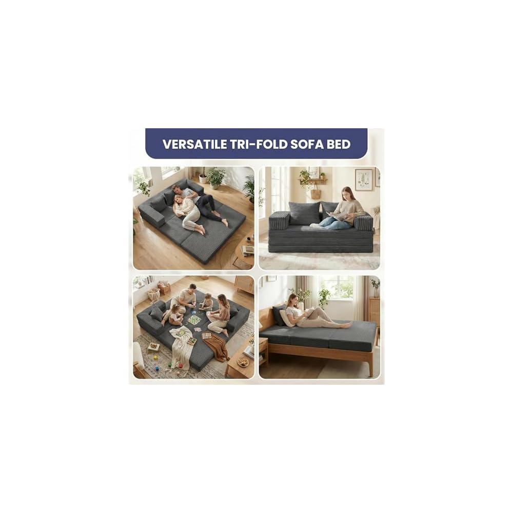 Convertible Sofa Bed, 4-in-1 Boneless Loveseat with Removable Armrests Backrest, Corduroy Futon Couch Bed with Pillow, Foldable Mattress Sleeper Sofa for Living Room Bedroom Small Place (Grey)