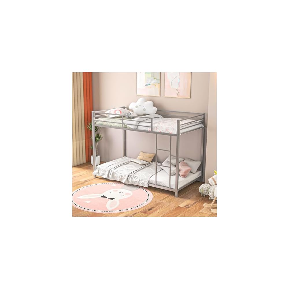 GIANTEX Metal Bunk Bed Twin Over Twin, Low Profile Bunk Bed Frame with Ladder & Full Length Guardrail, Space-Saving Twin Size Bed Frame for Kids Teens, No Box Spring Needed (Silver)