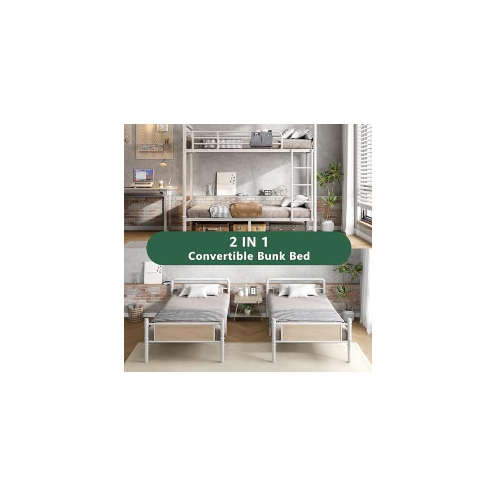 Jocoevol Metal Bunk Bed Twin Over Twin, Industrial Bunkbeds Heavy Duty Bed with Safety Guard Rails and Space-Saving Design, Steel Bed for School, Bedroom (White)