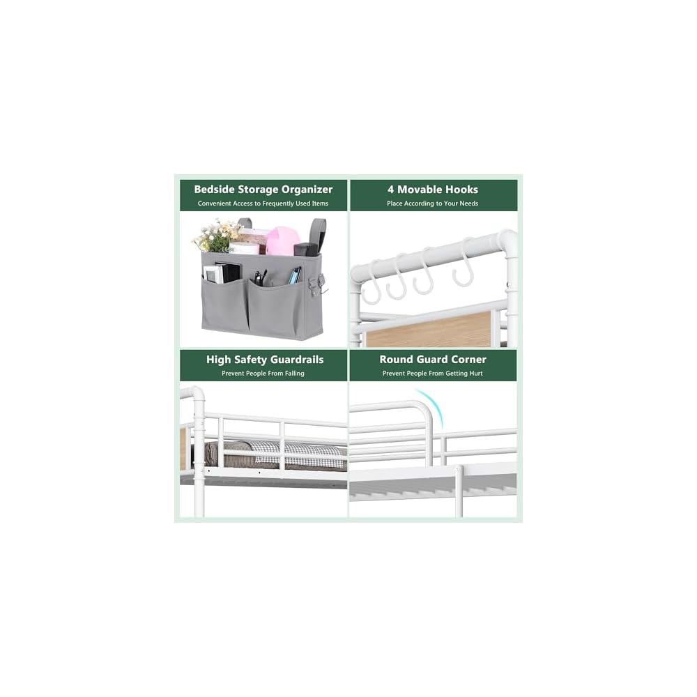 Jocoevol Metal Bunk Bed Twin Over Twin, Industrial Bunkbeds Heavy Duty Bed with Safety Guard Rails and Space-Saving Design, Steel Bed for School, Bedroom (White)
