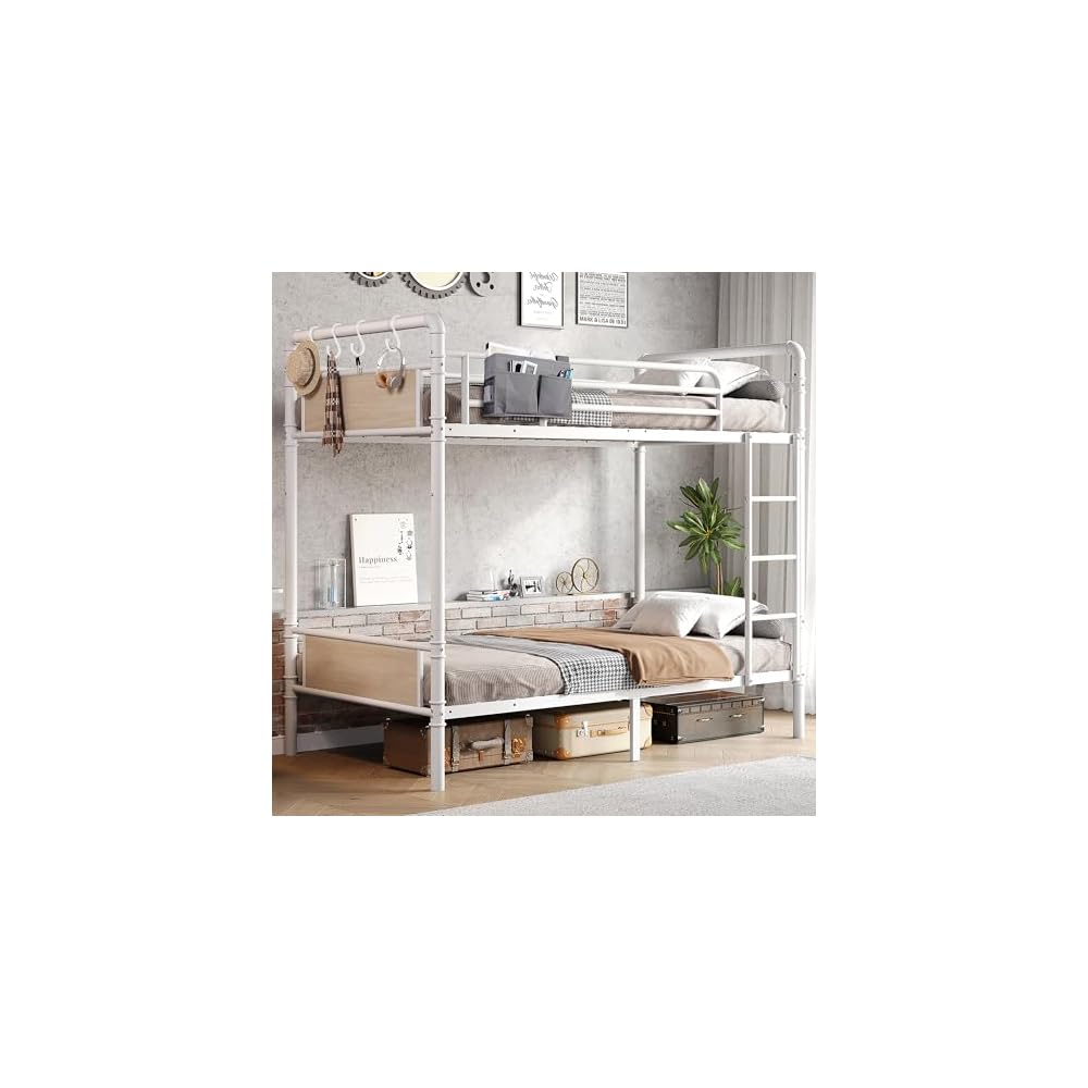 Jocoevol Metal Bunk Bed Twin Over Twin, Industrial Bunkbeds Heavy Duty Bed with Safety Guard Rails and Space-Saving Design, Steel Bed for School, Bedroom (White)