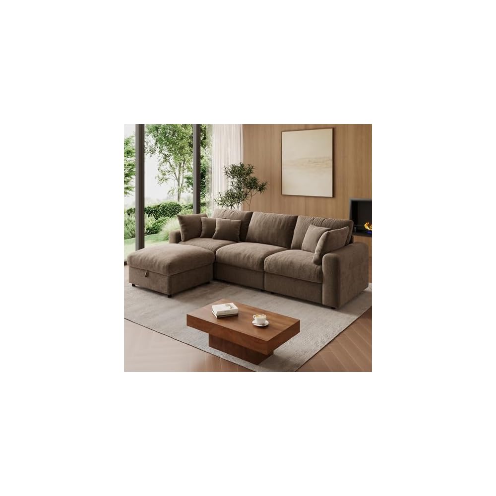 WorthFurni 110” Cloud Sectional Couches for Living Room, Modular Sectional Sofa with Deep Seat, Convertible L-Shape Couch with Storage Ottoman for Bedroom Apartment, Chenille (Brown)