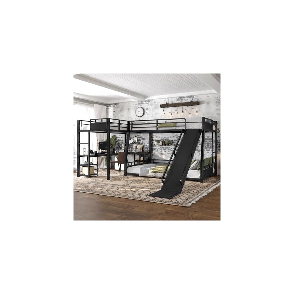 Triple Bunk Beds, L-Shape Full XL Over Queen Bunk Bed Attached a Loft Bed with Desk, Storage Shelves, Triple Bunk Bed with Slide and USB Ports, Metal Corner Bunkbed Frame for Boys Girls Teens, Black