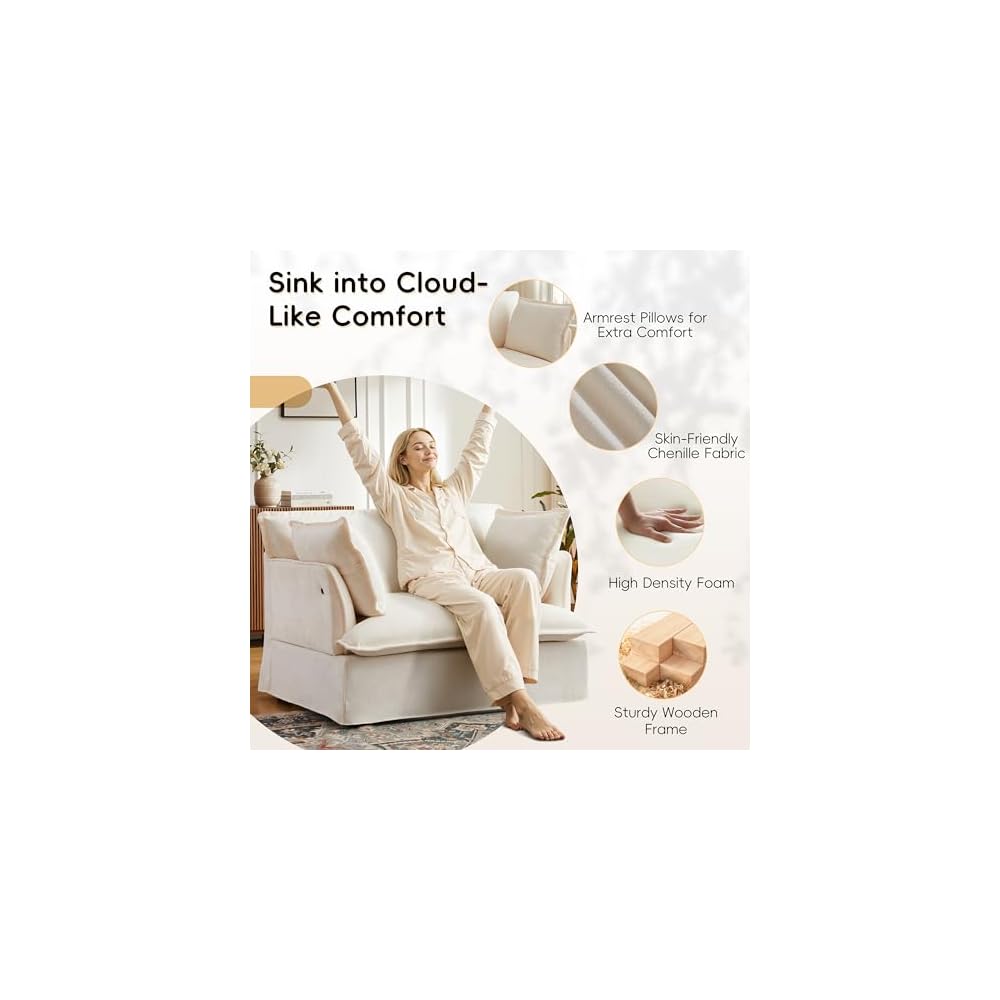 Merax 47.2" Oversized Accent Chair with Dual-Port Charging, Skirted Base, Deep and Wide Seat, Cloud-Like Comfy Single Sofa, Modern Design for Living Room&Apartment, Chenille,White