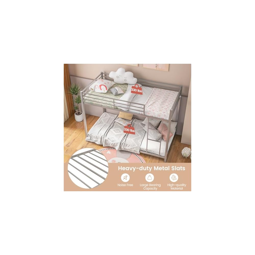 GIANTEX Metal Bunk Bed Twin Over Twin, Low Profile Bunk Bed Frame with Ladder & Full Length Guardrail, Space-Saving Twin Size Bed Frame for Kids Teens, No Box Spring Needed (Silver)