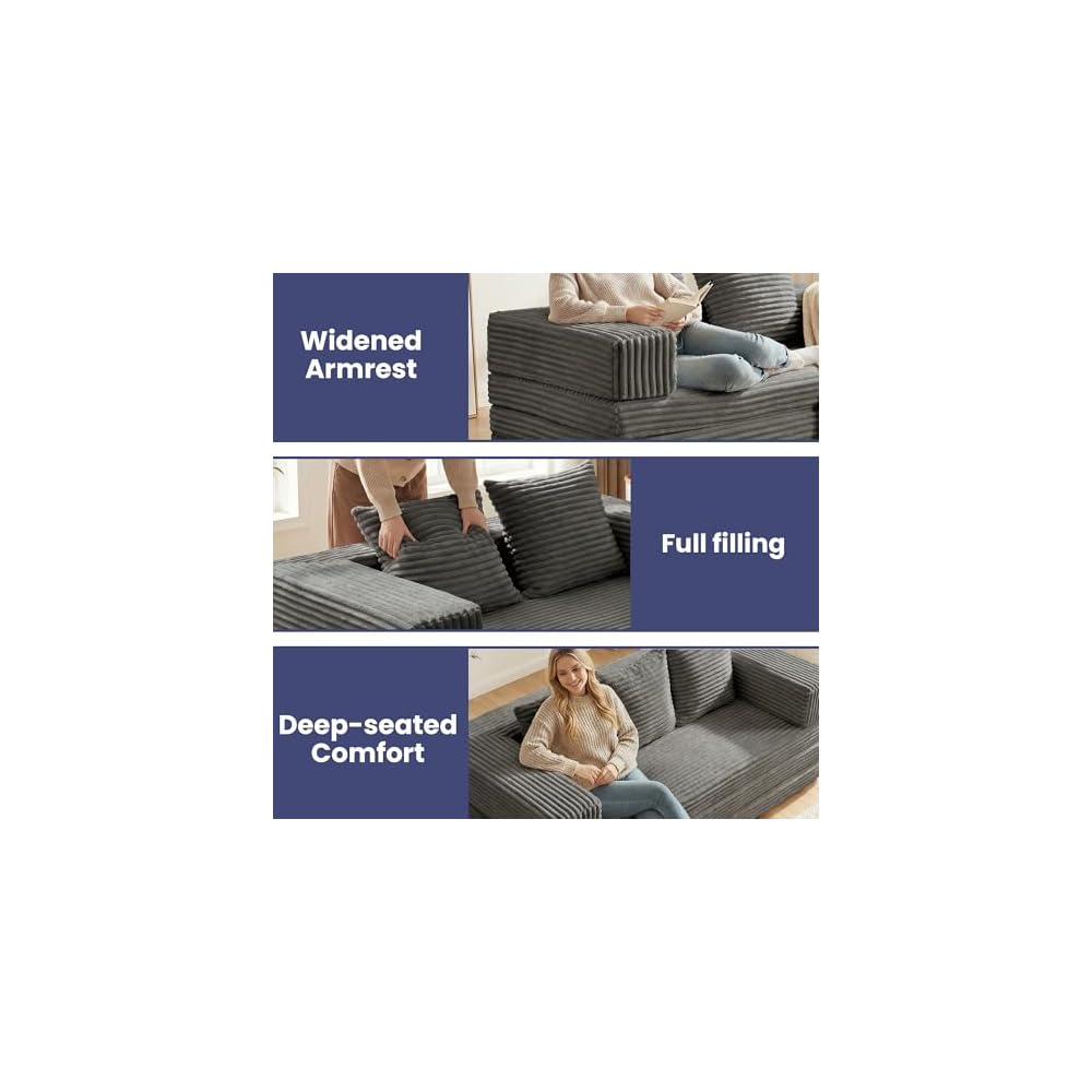 Convertible Sofa Bed, 4-in-1 Boneless Loveseat with Removable Armrests Backrest, Corduroy Futon Couch Bed with Pillow, Foldable Mattress Sleeper Sofa for Living Room Bedroom Small Place (Grey)