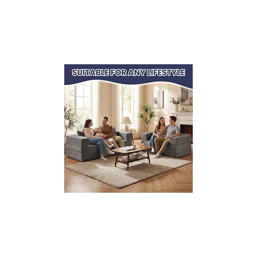 Convertible Sofa Bed, 4-in-1 Boneless Loveseat with Removable Armrests Backrest, Corduroy Futon Couch Bed with Pillow, Foldable Mattress Sleeper Sofa for Living Room Bedroom Small Place (Grey)