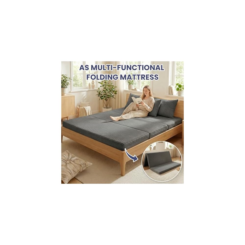 Convertible Sofa Bed, 4-in-1 Boneless Loveseat with Removable Armrests Backrest, Corduroy Futon Couch Bed with Pillow, Foldable Mattress Sleeper Sofa for Living Room Bedroom Small Place (Grey)
