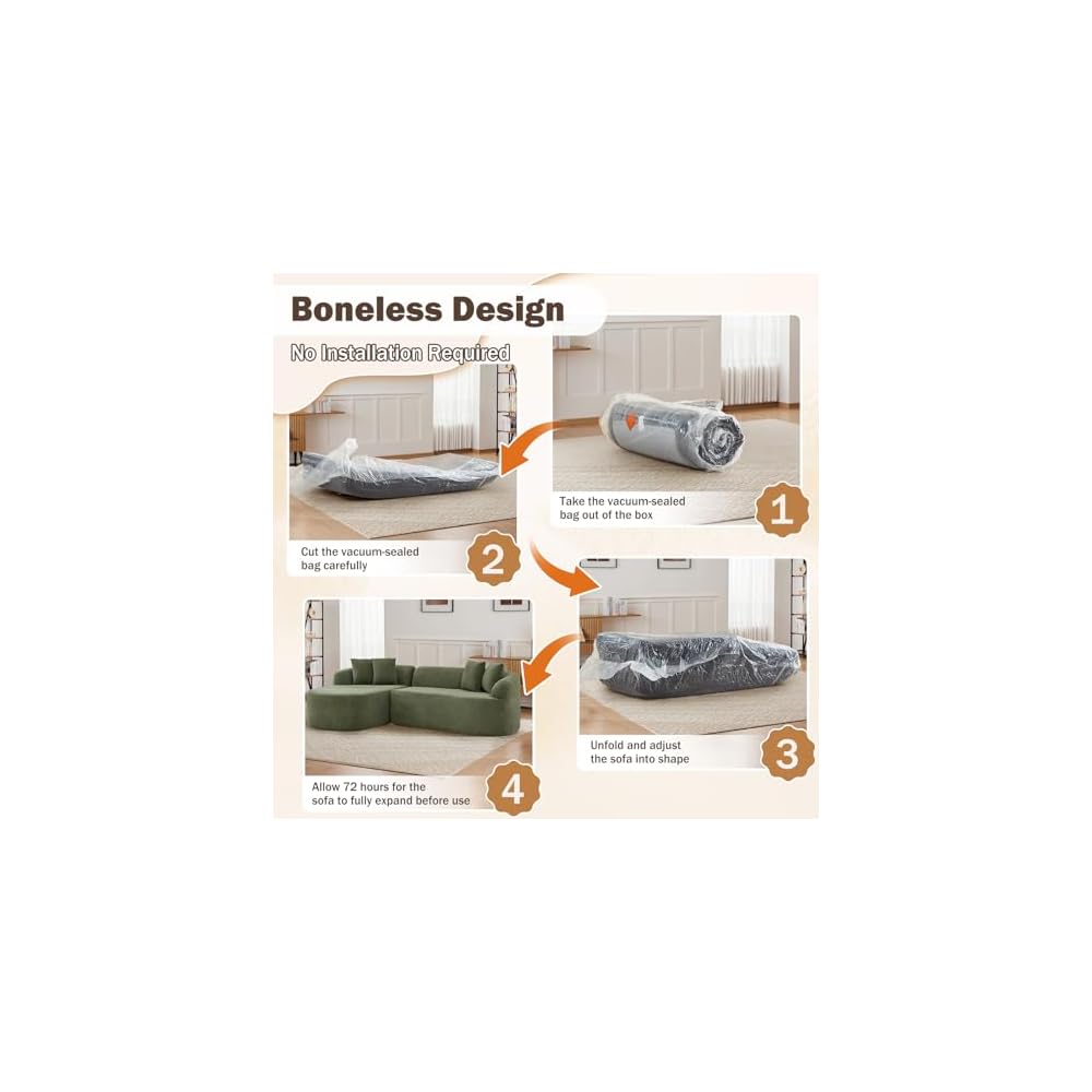 Modular Sectional Sofa, 101'' Boneless Couch with Chaise, Compressed No Assembly Oversized Deep Seat Sofa, Convertible L Shaped Couch with Pillows for Living Room (Green, Left Facing Chaise)