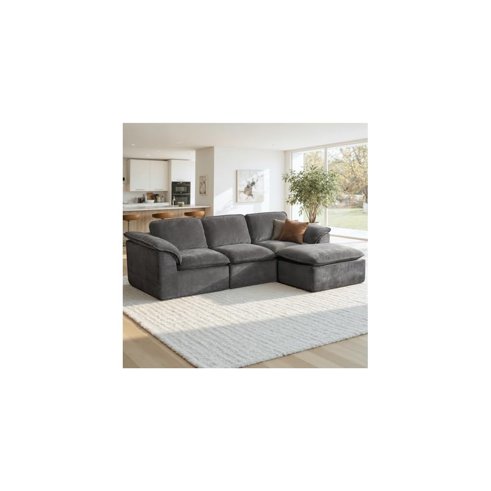 HALLYBEE 112" Cloud Couch with Padded Armrests & Moveable Ottoman Dark Grey