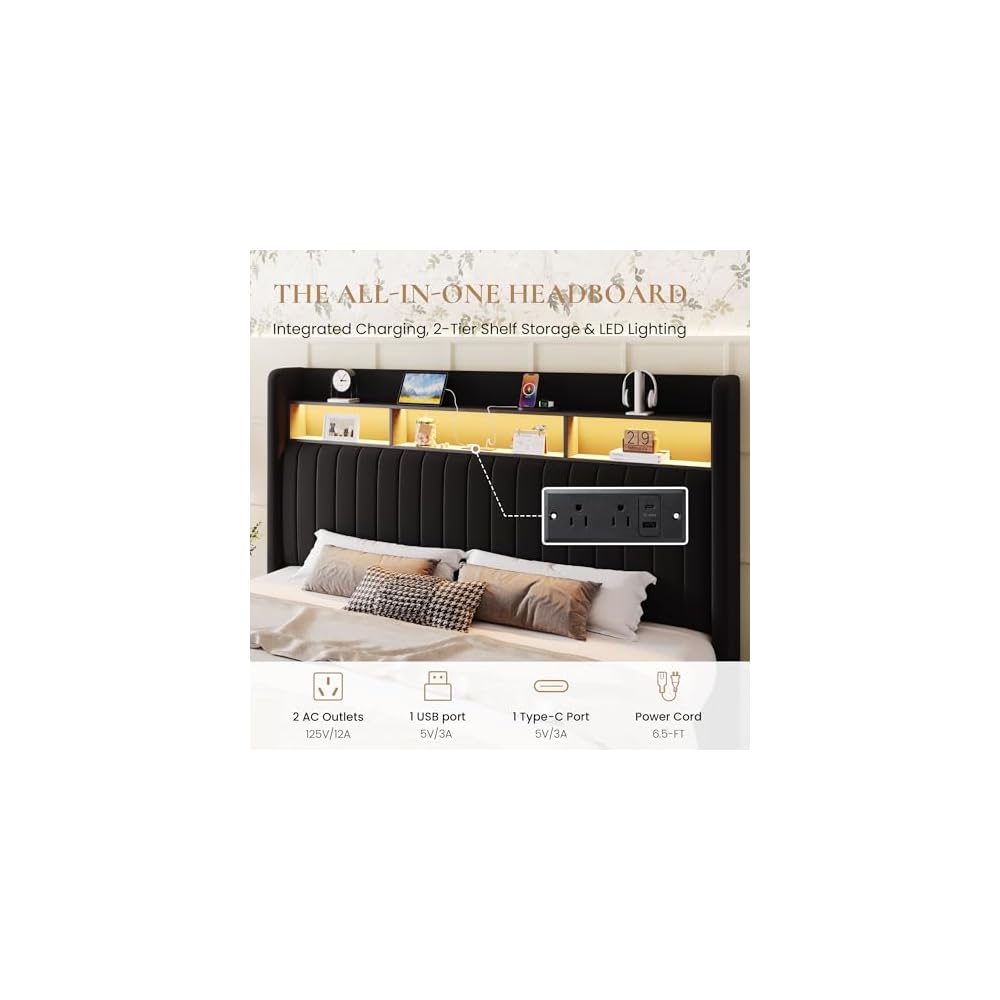 SHA CERLIN King Size Platform Bed Frame / 2-Tier Storage Shelf/Velvet Wingback Upholstered Headboard/LED Lights and Charging Station/No Box Spring Needed/Noise-Free/Easy Assembly/Black