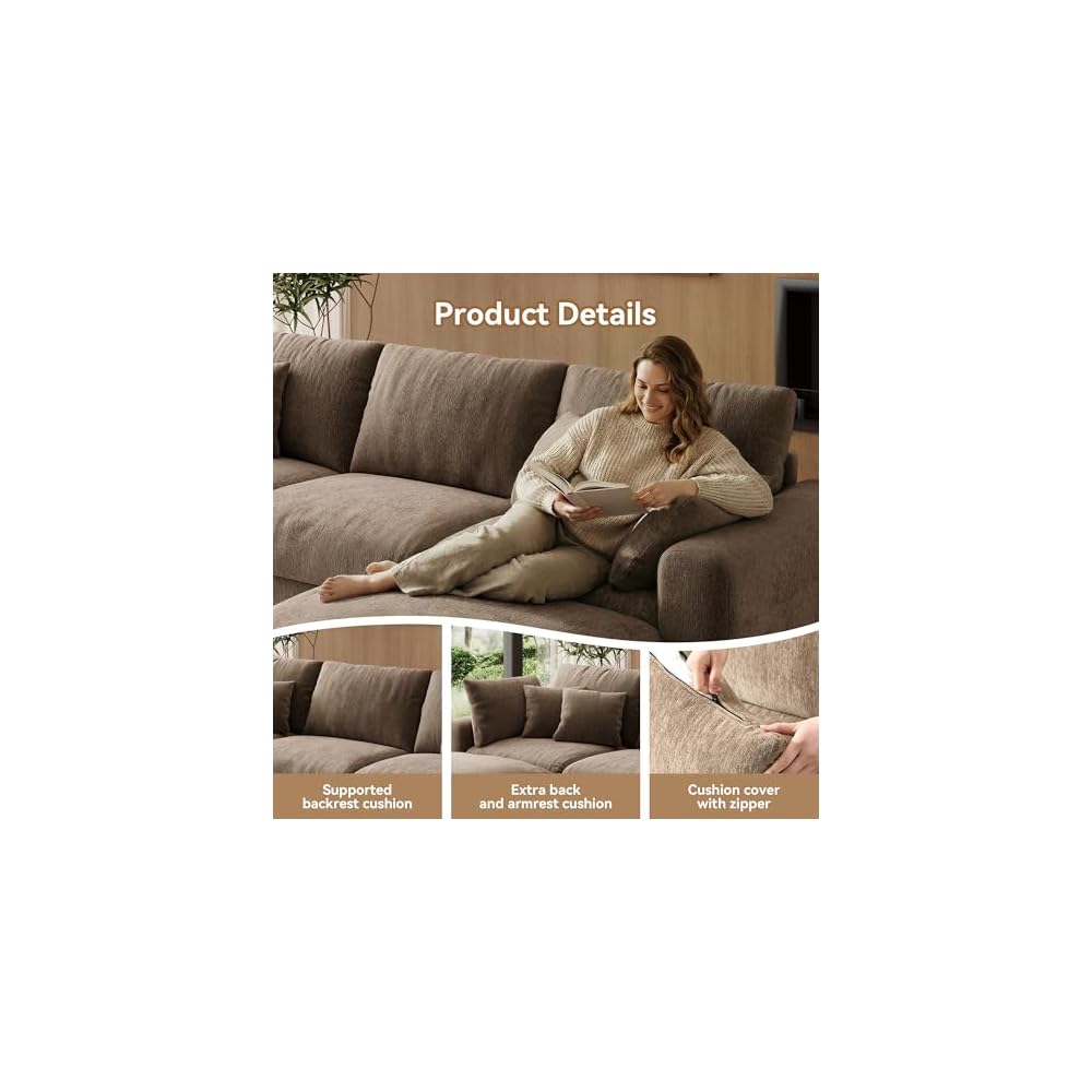 WorthFurni 110” Cloud Sectional Couches for Living Room, Modular Sectional Sofa with Deep Seat, Convertible L-Shape Couch with Storage Ottoman for Bedroom Apartment, Chenille (Brown)