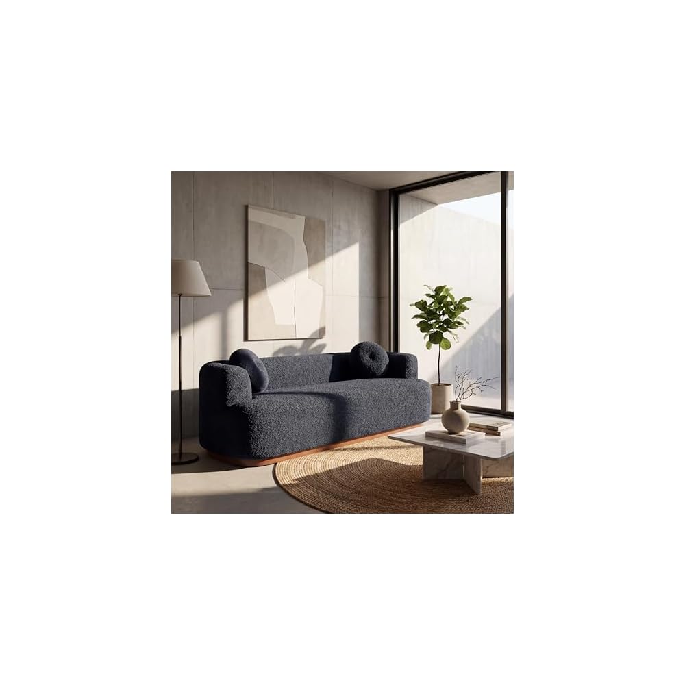 Christopher Knight Home Delia 85" Rubberwood Frame Lounge Sofa Couch with Round Arm, Comfy 3-Seater Sofa Couches, Chenille Upholstered Home Sofa Living Room with Dual Accent Pillows, Black