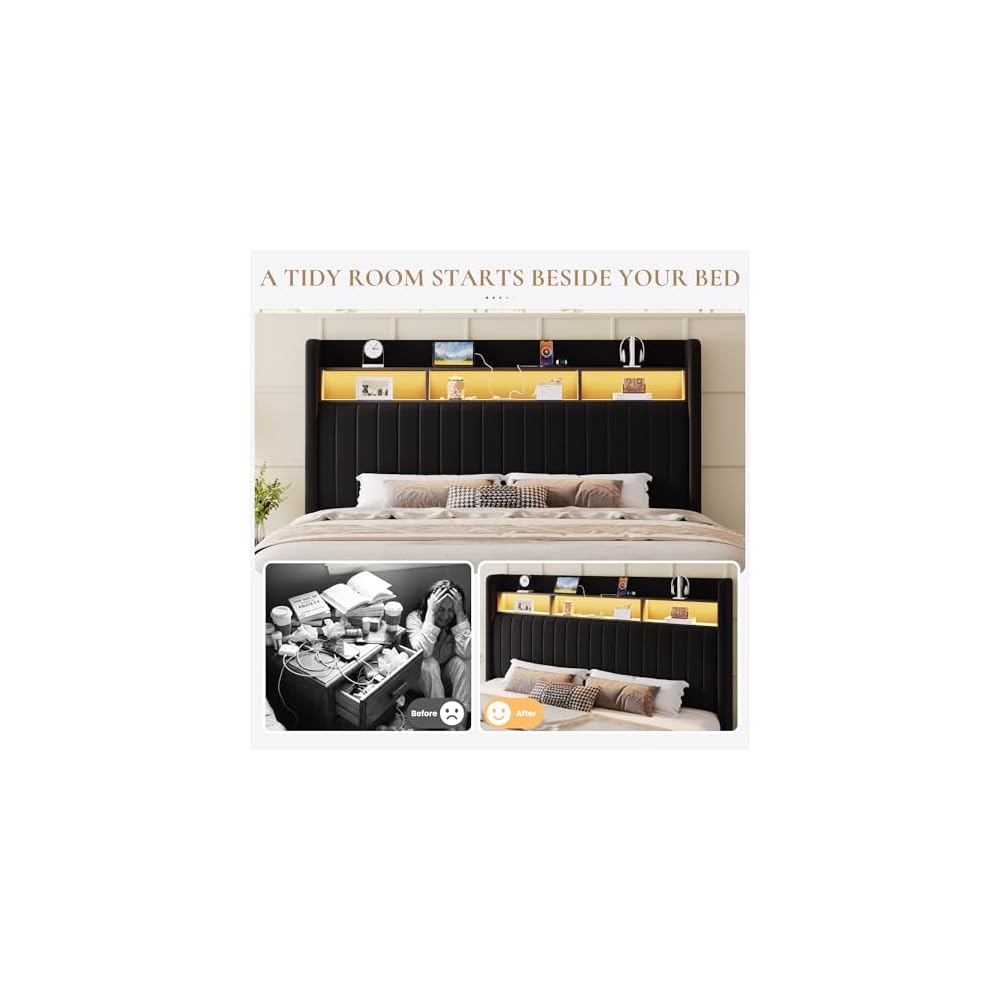 SHA CERLIN King Size Platform Bed Frame / 2-Tier Storage Shelf/Velvet Wingback Upholstered Headboard/LED Lights and Charging Station/No Box Spring Needed/Noise-Free/Easy Assembly/Black