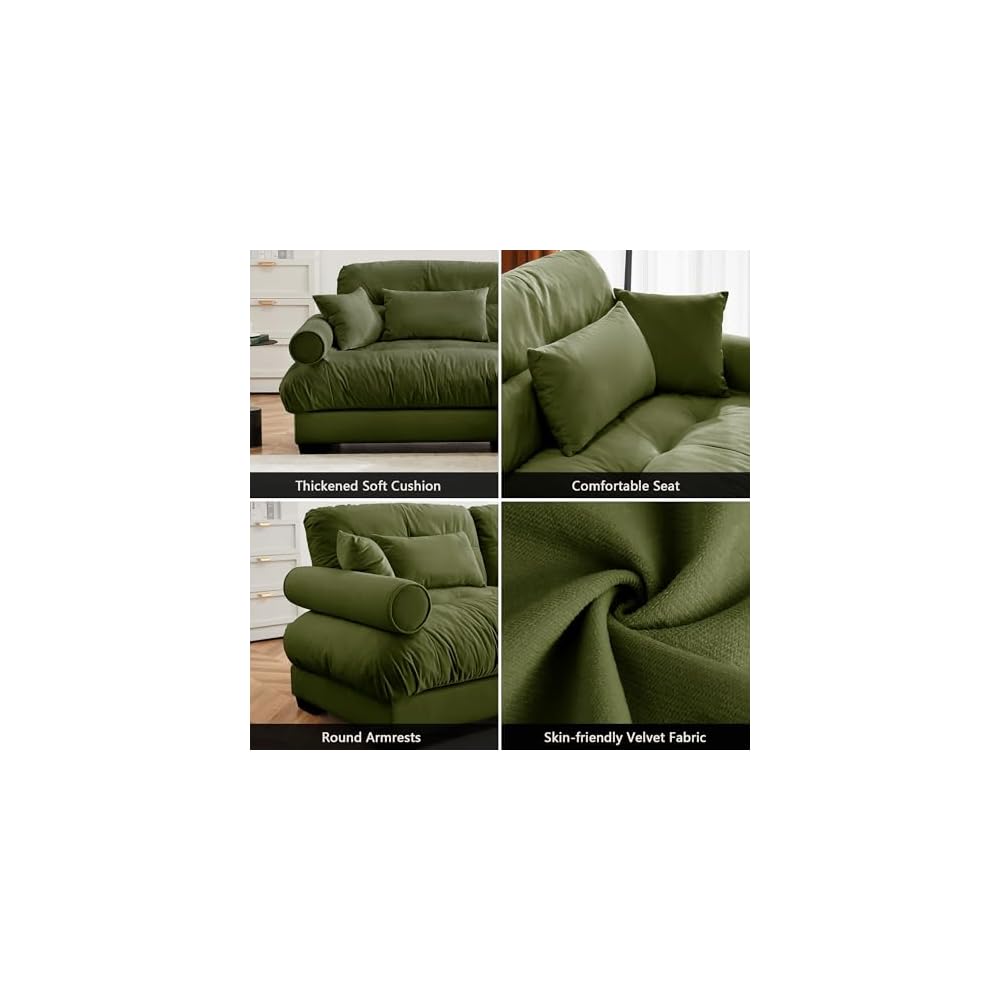 Setawix Modern U-Shaped 2 Seater Cloud Sofas Couches with Deep Seat for Living Room,Comfy Velvet Modular Sectional Sofa with Movable Ottomans,DIY Combination Couch,Tufted(Olive)