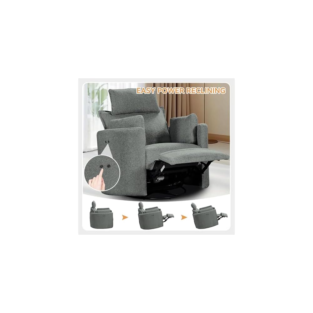 Power Swivel Rocker Recliner, Glider Nursery Chair for Adults, Modern Leisure Sofa Chair with 2 Pillows for Small Spaces, Bedroom, Living Room, Beige (Light Grey)