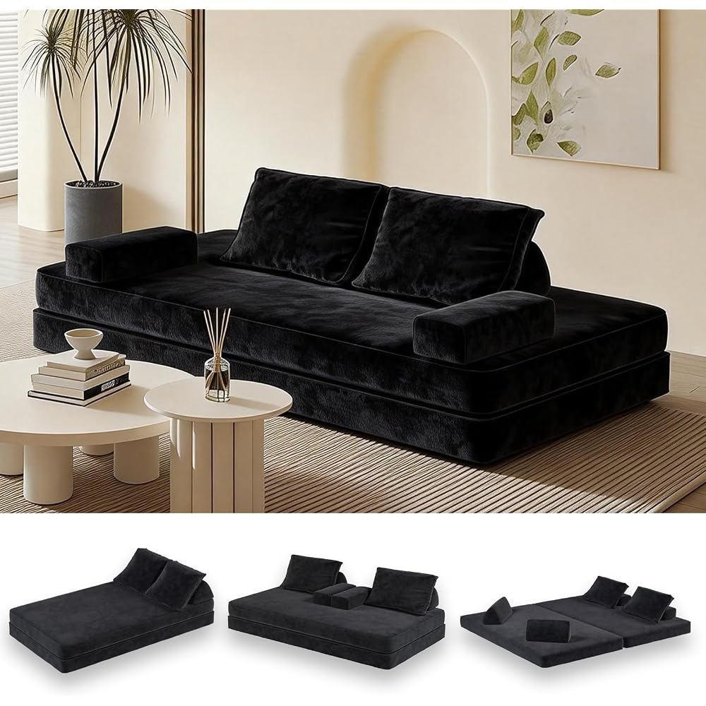 Futon Sofa Bed King Size, Boneless Sleeper Sofa, Oversized Chenille Foldable Couch, Convertible Floor Couches, Modern Folding Mattress, Daybed for Gaming, Living Room, Apartment, Dark Grey