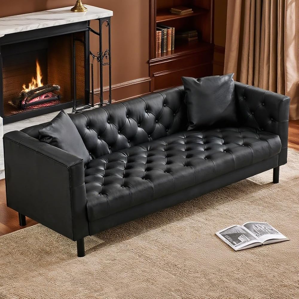 GAOMON 78"Faux Leather Couch,3 Seater Chesterfield Sofa,Button Tufted,Black
