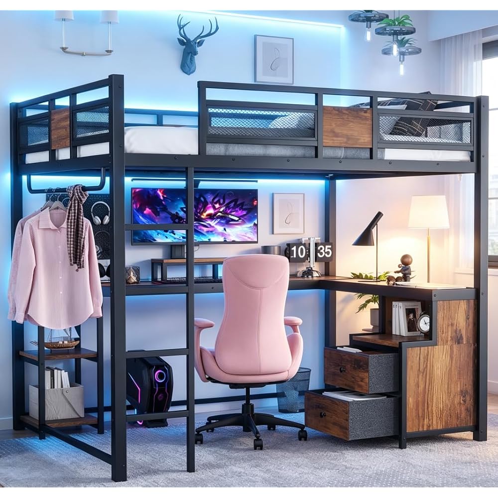 Bellemave Queen Loft Bed with Desk, Drawer, Metal Queen Size Loft Bed Frame with guardrail and Ladder for Adults, Kids, Teens, Black