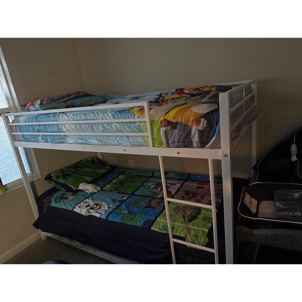 GIANTEX Metal Bunk Bed Twin Over Twin, Low Profile Bunk Bed Frame with Ladder & Full Length Guardrail, Space-Saving Twin Size Bed Frame for Kids Teens, No Box Spring Needed (Silver)