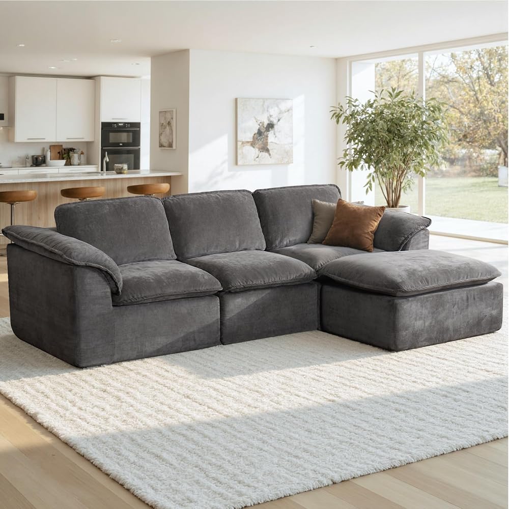 HALLYBEE 112" Cloud Couch with Padded Armrests & Moveable Ottoman Dark Grey