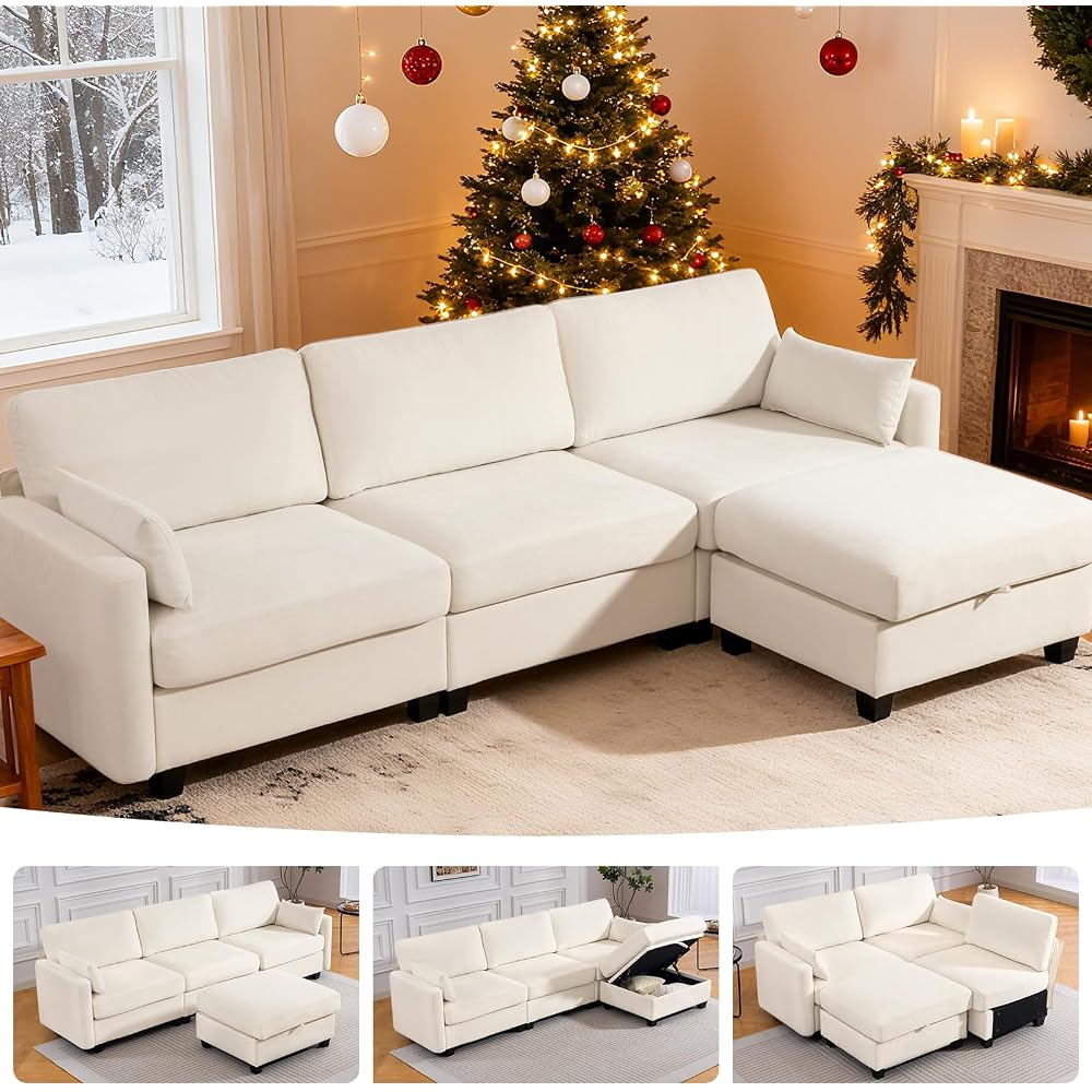109 Inch Modular Sectional Sofa, L Shaped Couch with Storage Ottoman, Beige