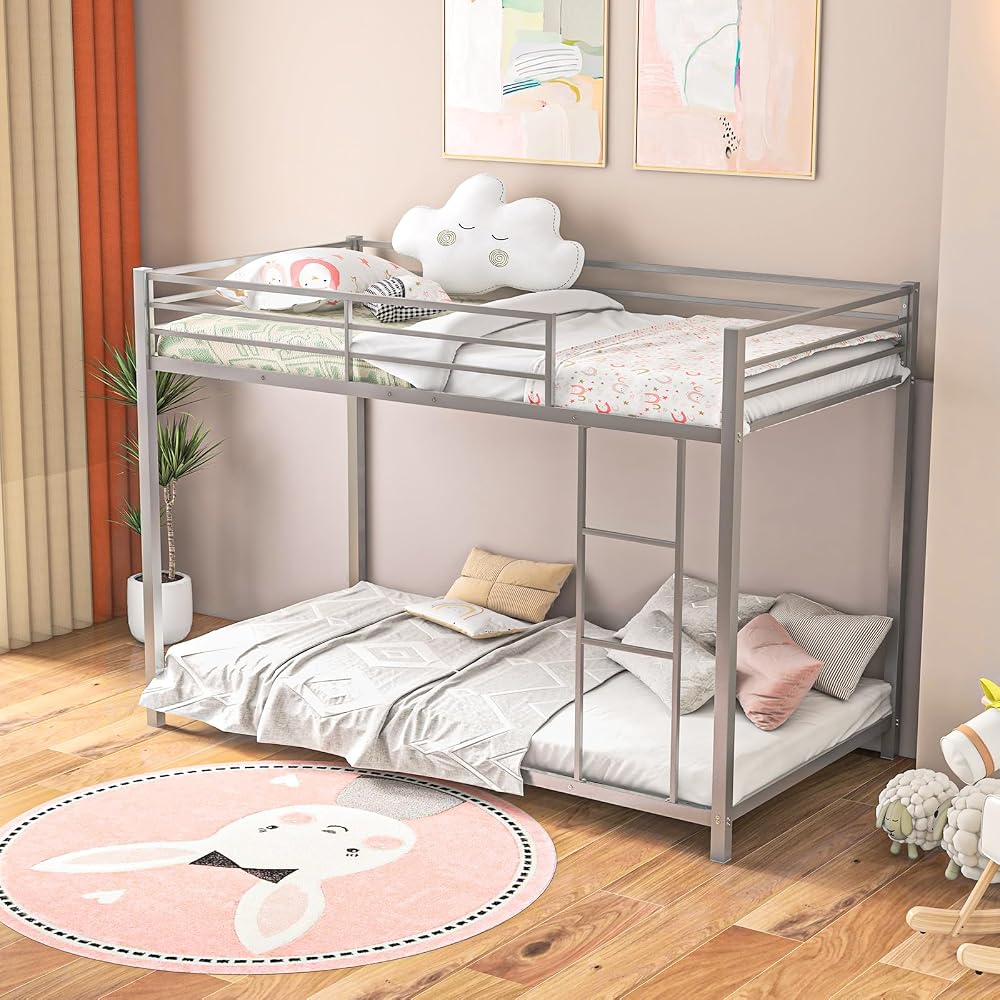 GIANTEX Metal Bunk Bed Twin Over Twin, Low Profile Bunk Bed Frame with Ladder & Full Length Guardrail, Space-Saving Twin Size Bed Frame for Kids Teens, No Box Spring Needed (Silver)