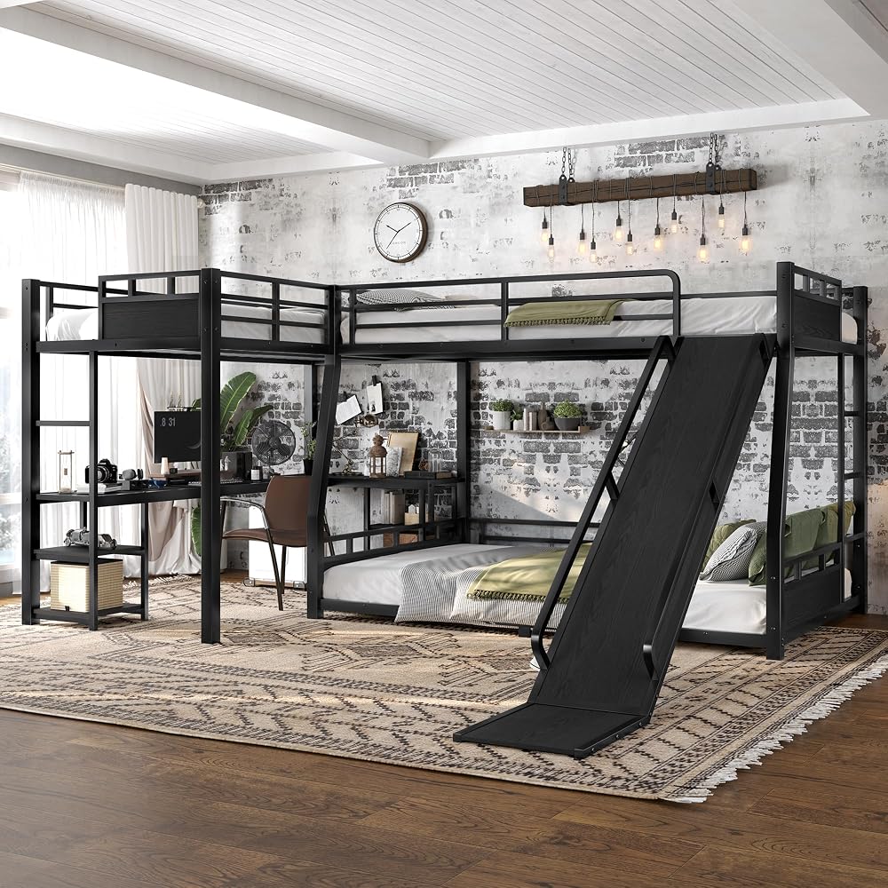 Triple Bunk Beds, L-Shape Full XL Over Queen Bunk Bed Attached a Loft Bed with Desk, Storage Shelves, Triple Bunk Bed with Slide and USB Ports, Metal Corner Bunkbed Frame for Boys Girls Teens, Black