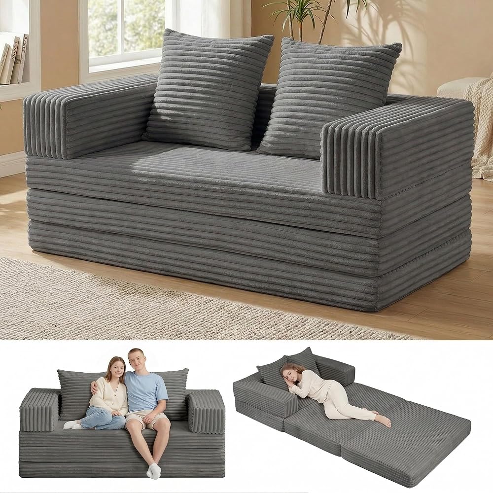 Convertible Sofa Bed, 4-in-1 Boneless Loveseat with Removable Armrests Backrest, Corduroy Futon Couch Bed with Pillow, Foldable Mattress Sleeper Sofa for Living Room Bedroom Small Place (Grey)