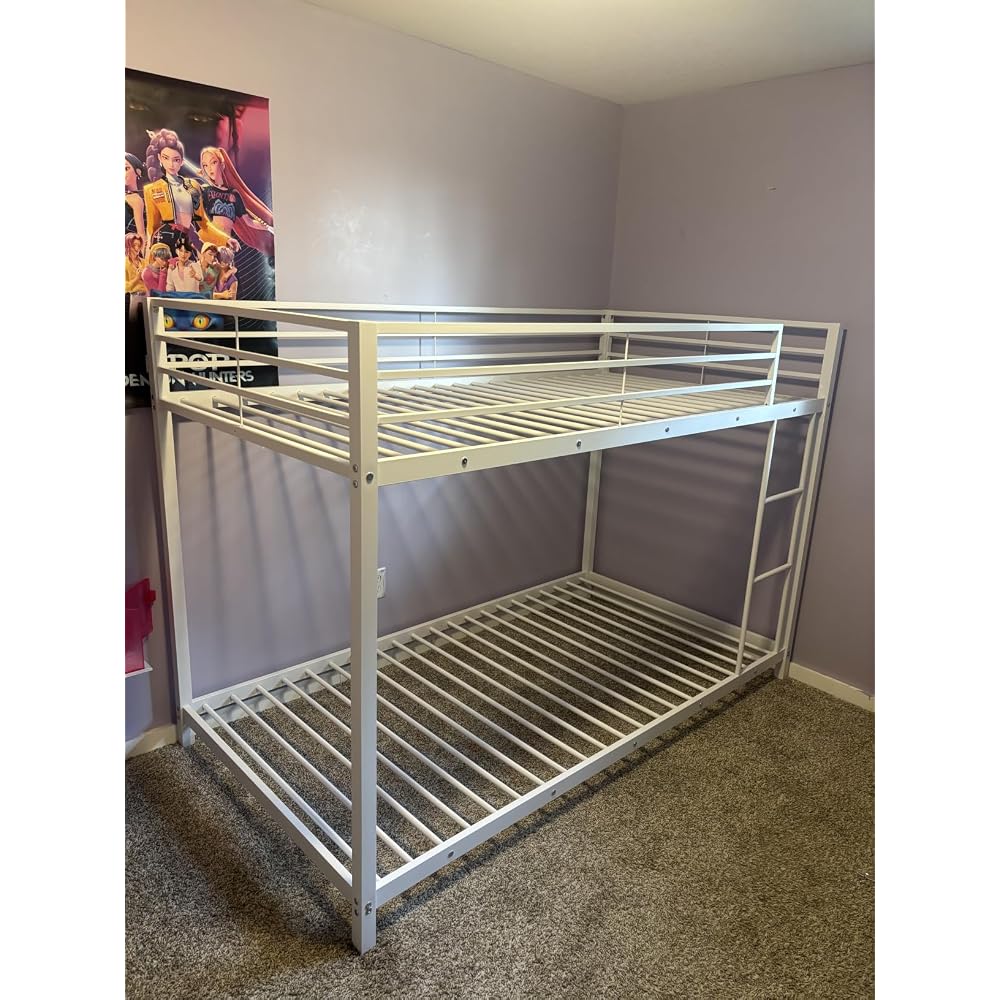 GIANTEX Metal Bunk Bed Twin Over Twin, Low Profile Bunk Bed Frame with Ladder & Full Length Guardrail, Space-Saving Twin Size Bed Frame for Kids Teens, No Box Spring Needed (Silver)