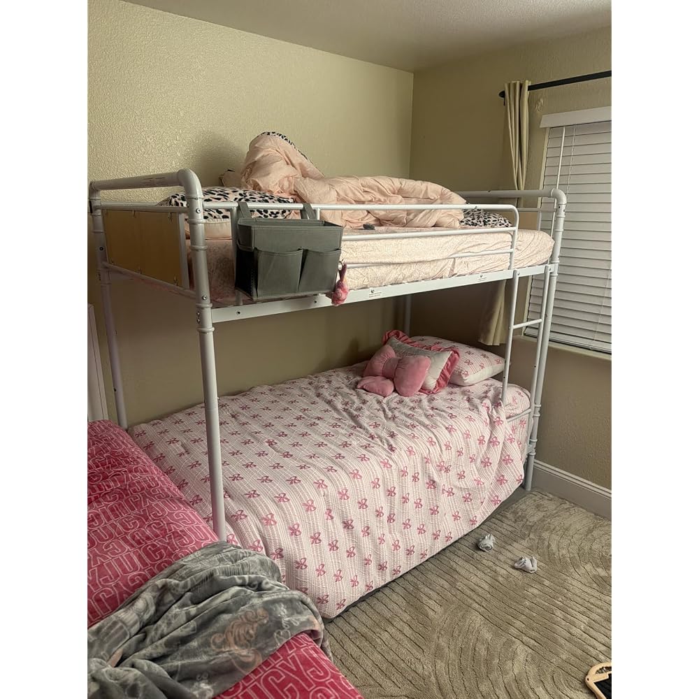 Jocoevol Metal Bunk Bed Twin Over Twin, Industrial Bunkbeds Heavy Duty Bed with Safety Guard Rails and Space-Saving Design, Steel Bed for School, Bedroom (White)
