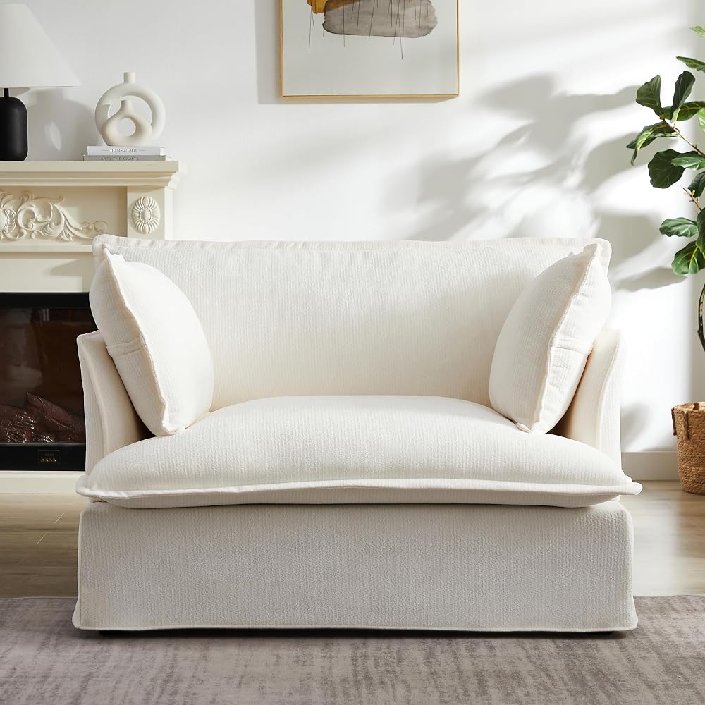 Merax 47.2" Oversized Accent Chair with Dual-Port Charging, Skirted Base, Deep and Wide Seat, Cloud-Like Comfy Single Sofa, Modern Design for Living Room&Apartment, Chenille,White
