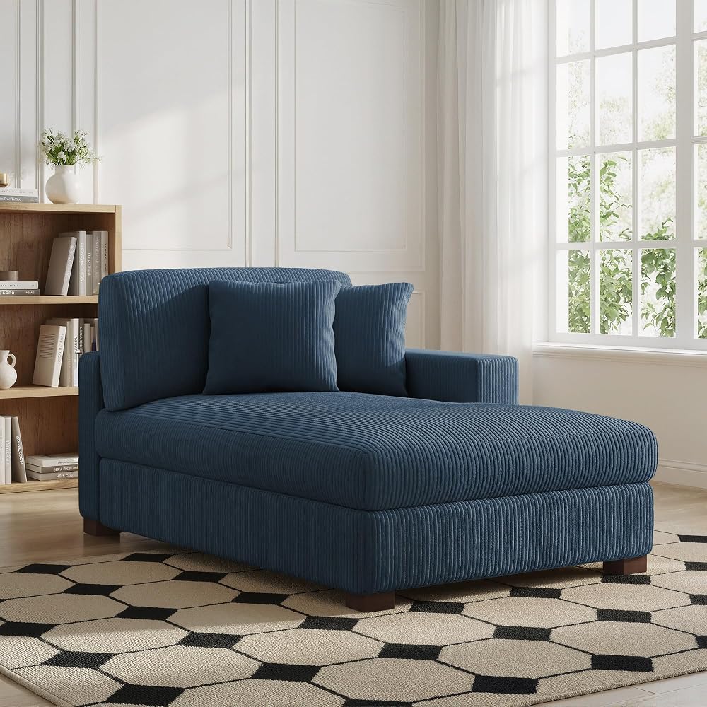 Chaise Lounge Chair Indoor, Oversized Upholstered Sofa Bed for Living Room, Corduroy Sleeper Couch Comfy Recliner Bedroom Reading Seat - Navy Blue, Left Armrest
