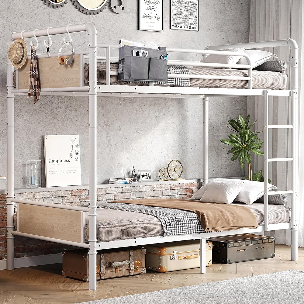 Jocoevol Metal Bunk Bed Twin Over Twin, Industrial Bunkbeds Heavy Duty Bed with Safety Guard Rails and Space-Saving Design, Steel Bed for School, Bedroom (White)