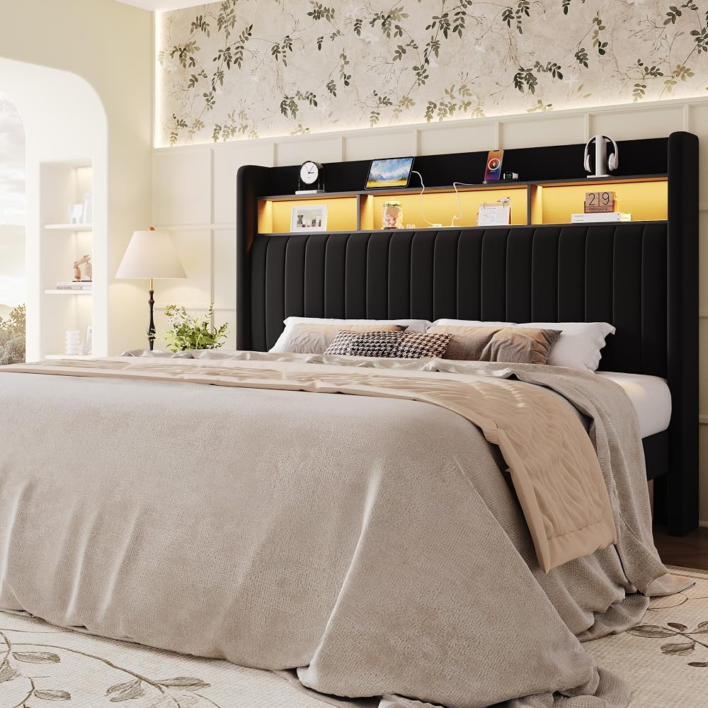 SHA CERLIN King Size Platform Bed Frame / 2-Tier Storage Shelf/Velvet Wingback Upholstered Headboard/LED Lights and Charging Station/No Box Spring Needed/Noise-Free/Easy Assembly/Black